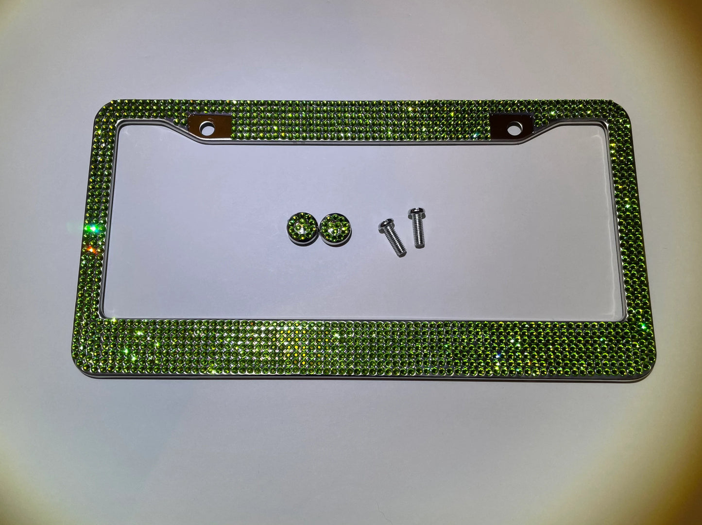 1 Luxury Peridot Emerald Light GREEN Diamond CRYSTAL Metal License Plate Frame Sparkle Cover Holder Bling Caps