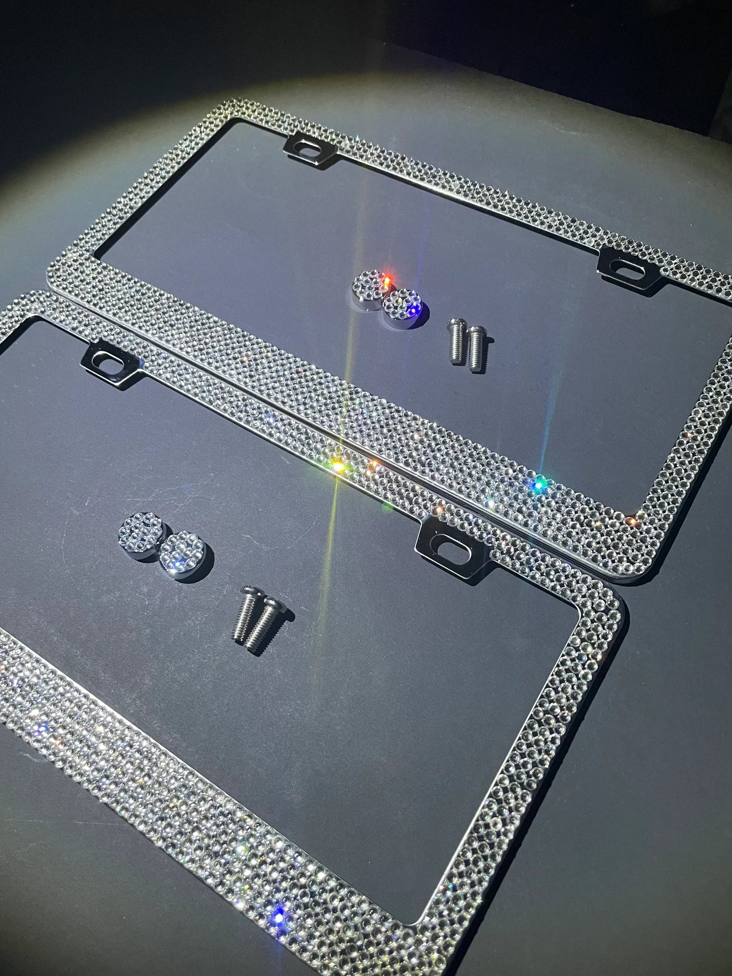 2 Swarovski White Diamond Crystal Encrusted License Plate Frames Cover Holder Sparkly Luxury Chrome Metal Bling Caps