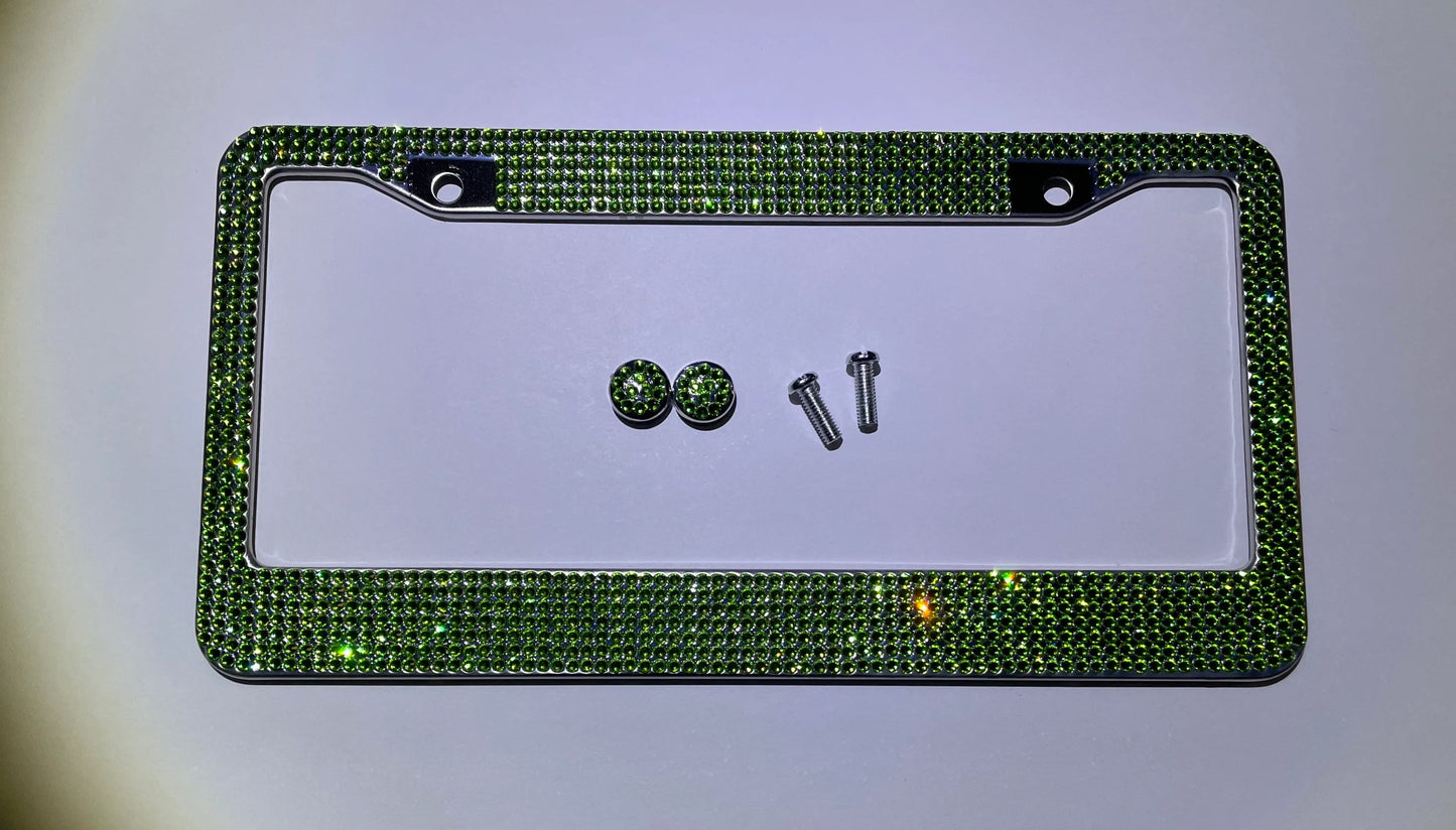 1 Luxury Peridot Emerald Light GREEN Diamond CRYSTAL Metal License Plate Frame Sparkle Cover Holder Bling Caps