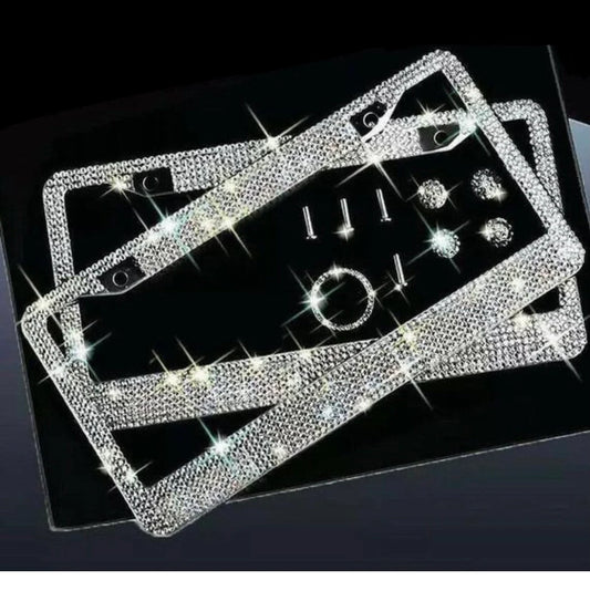 2 Swarovski Crystal Encrusted White Diamond Hand Encrusted License Plate Metal Frame Sparkly Luxury handmade Frame Sparkly Bling Caps & Screws