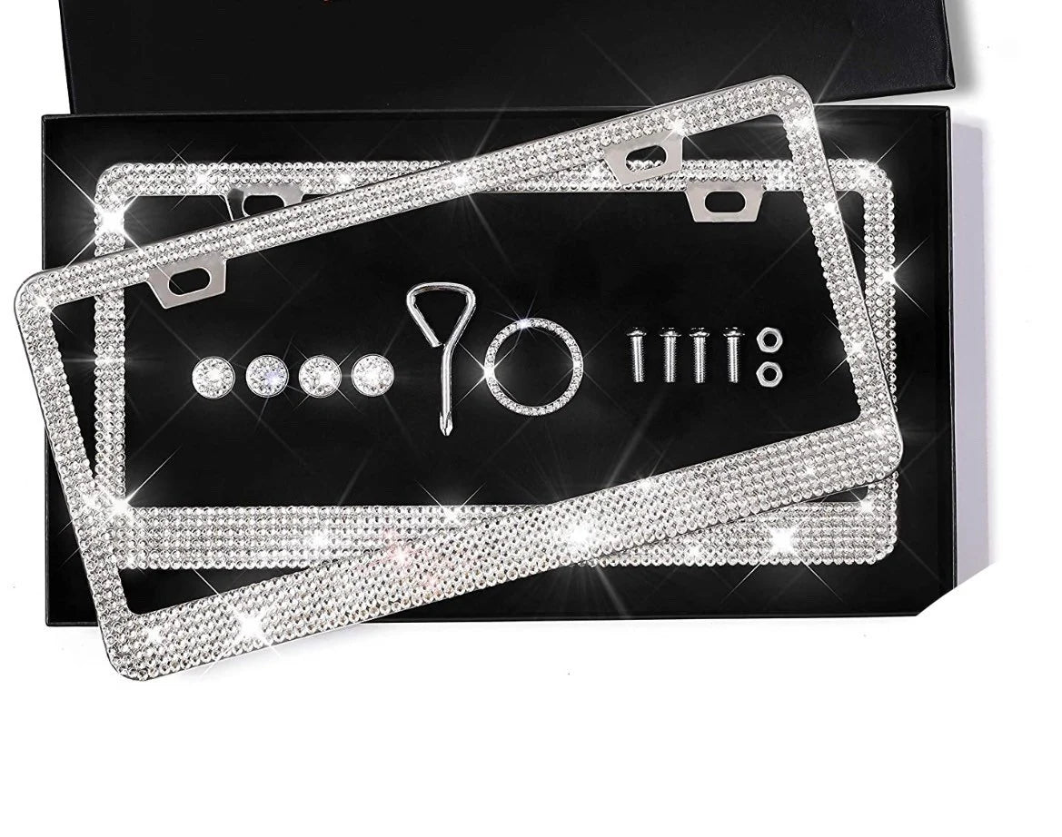 2 Swarovski White Diamond Crystal Encrusted License Plate Frames Cover Holder Sparkly Luxury Chrome Metal Bling Caps