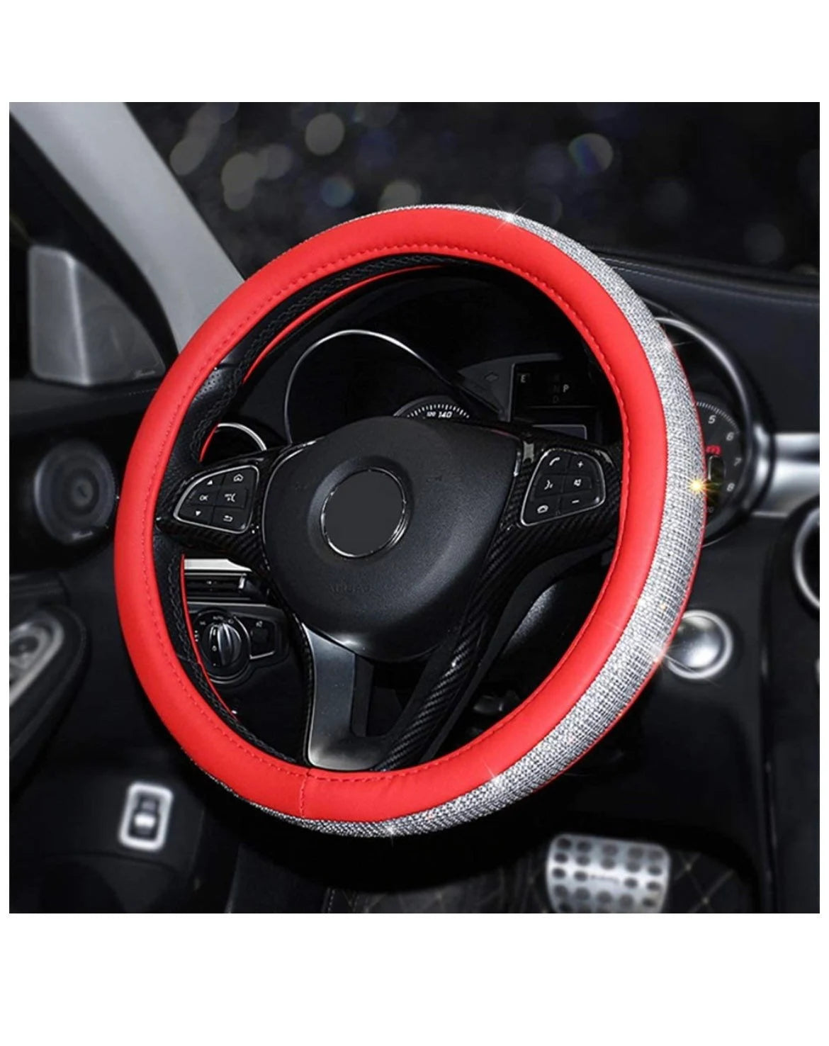Red Leather & White Diamond Luxury Steering Wheel Cover with Ultra Bling Crystal Embellishment Universal Round Fit