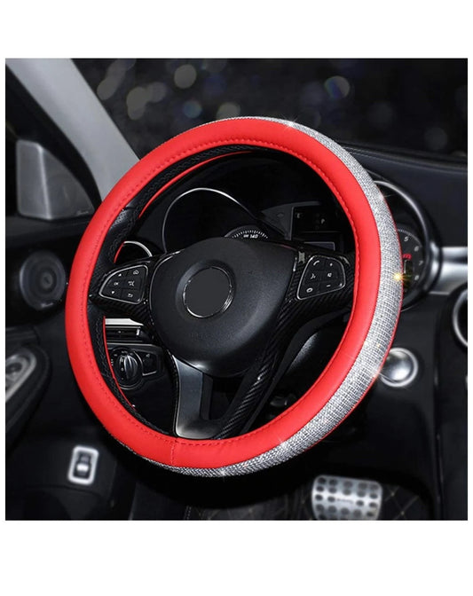 Red Leather & White Diamond Luxury Steering Wheel Cover with Ultra Bling Crystal Embellishment Universal Round Fit