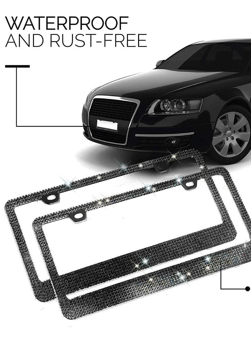2 Swarovski JET BLACK Crystal Diamond Encrusted Blacked Out License Plate Black MetalLuxury Sparkly Frames Cover Holder Made with Bling Caps
