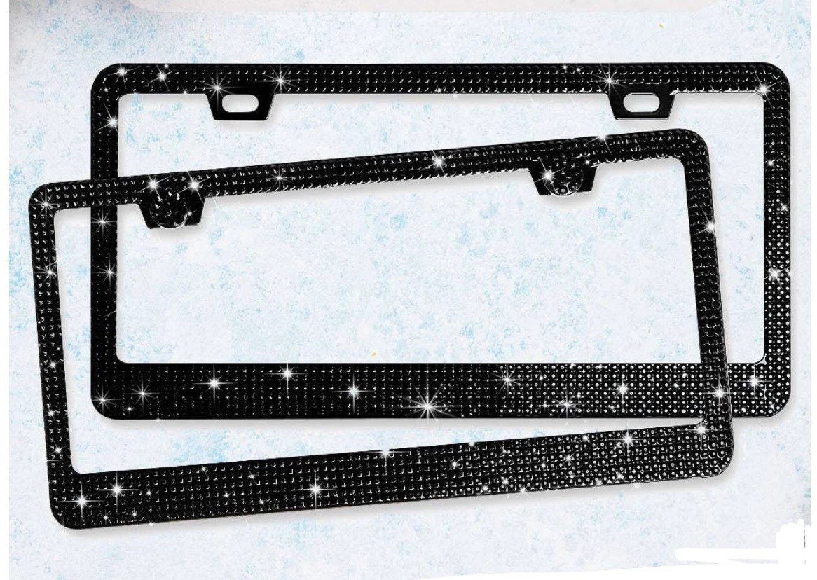 2 Swarovski JET BLACK Crystal Diamond Encrusted Blacked Out License Plate Black MetalLuxury Sparkly Frames Cover Holder Made with Bling Caps