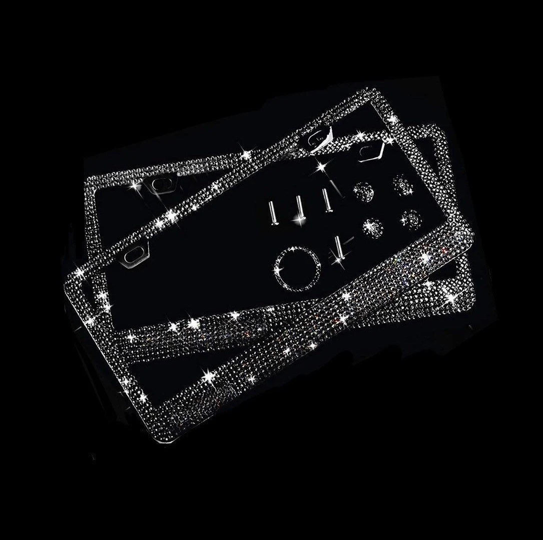 2 Swarovski JET BLACK Crystal Diamond Encrusted Blacked Out License Plate Black MetalLuxury Sparkly Frames Cover Holder Made with Bling Caps