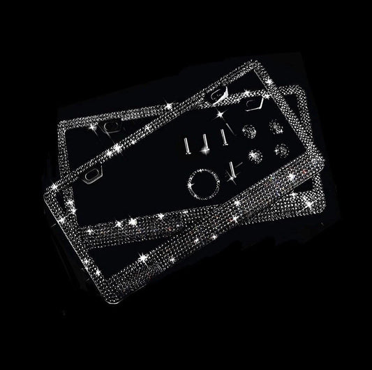 2 Swarovski JET BLACK Crystal Diamond Encrusted Blacked Out License Plate Black MetalLuxury Sparkly Frames Cover Holder Made with Bling Caps