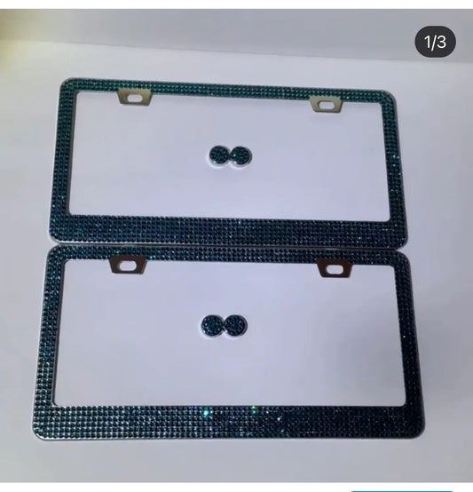 2 Blue Teal Turquoise Diamond Crystal Encrusted Stainless Steel Sparkly Luxury Metal License Plate Frames Bling Caps