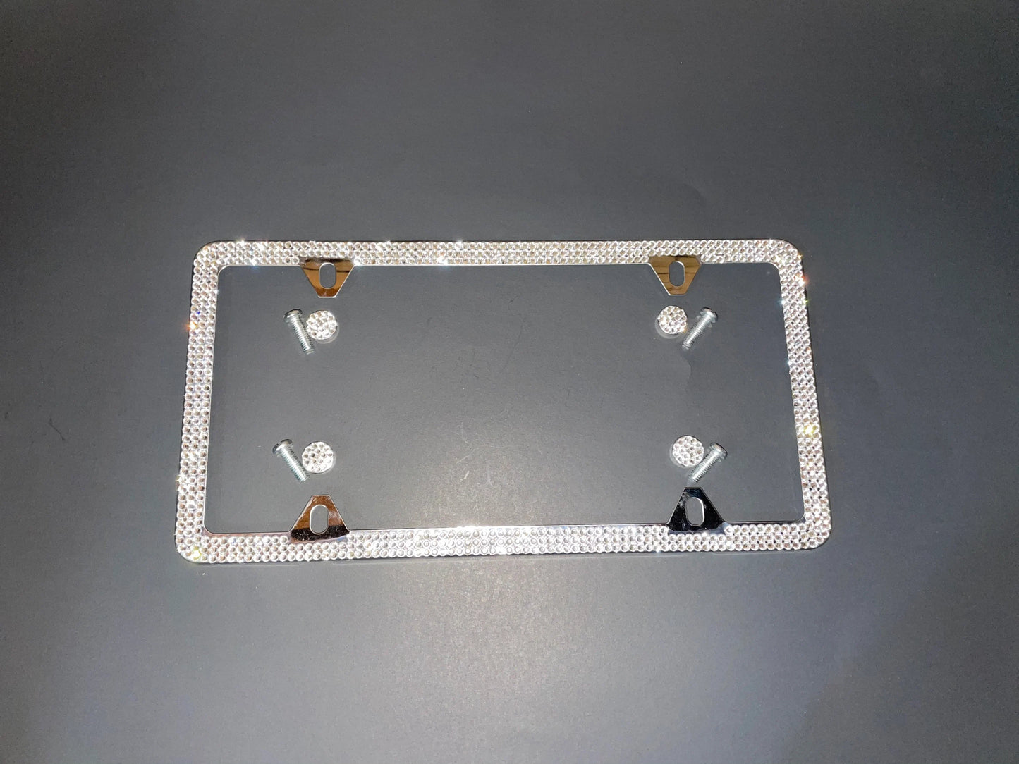 1 White Diamond Crystal Encrusted 4 HOLE 3 Row Thin License Plate Frames Luxury Stainless Steel Metal Frame Bling Caps