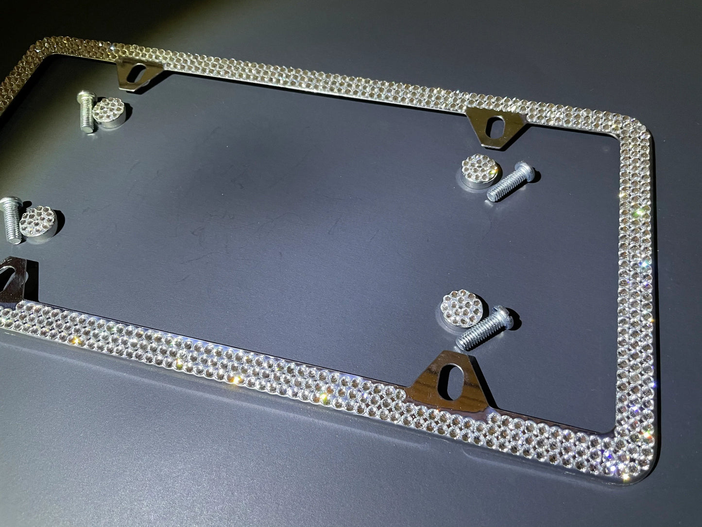 1 White Diamond Crystal Encrusted 4 HOLE 3 Row Thin License Plate Frames Luxury Stainless Steel Metal Frame Bling Caps