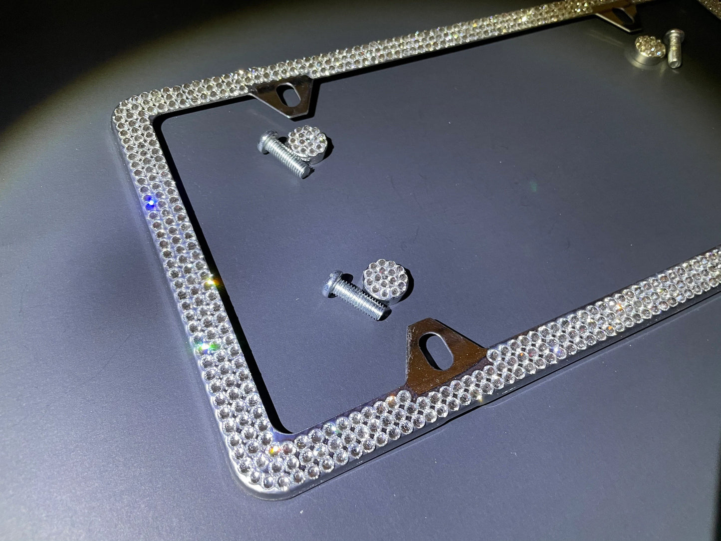 1 White Diamond Crystal Encrusted 4 HOLE 3 Row Thin License Plate Frames Luxury Stainless Steel Metal Frame Bling Caps