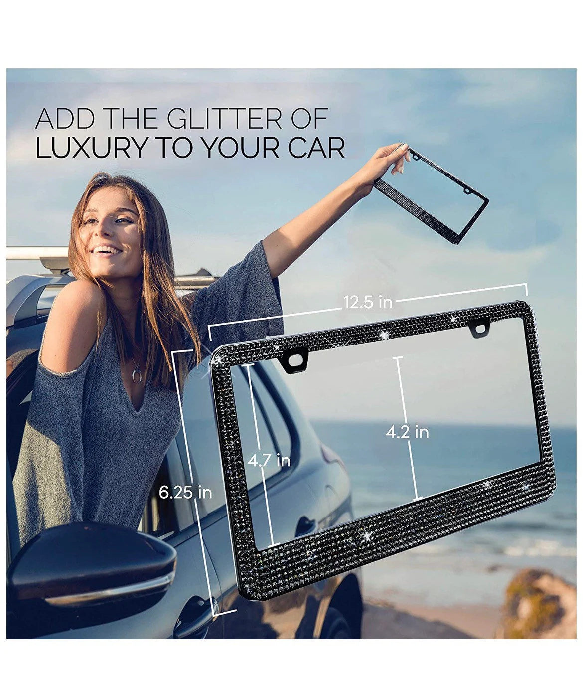 2 Swarovski JET BLACK Crystal Diamond Encrusted Blacked Out License Plate Black MetalLuxury Sparkly Frames Cover Holder Made with Bling Caps
