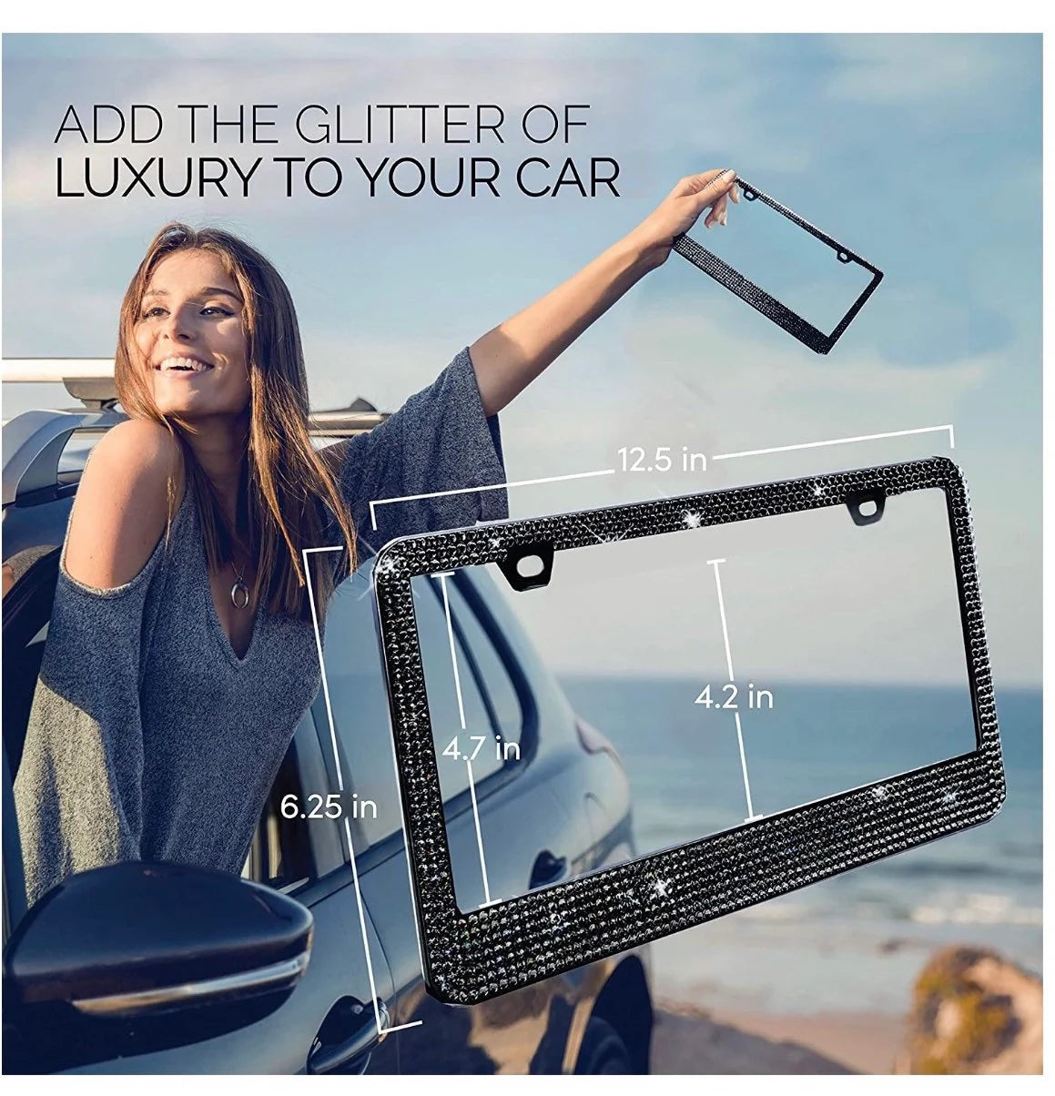 1 Swarovski JET BLACK Diamond Crystal Blacked Out Metal License Plate Frame Dark Luxury Sparkly Cover Holder Bling Caps Made With Swarovski