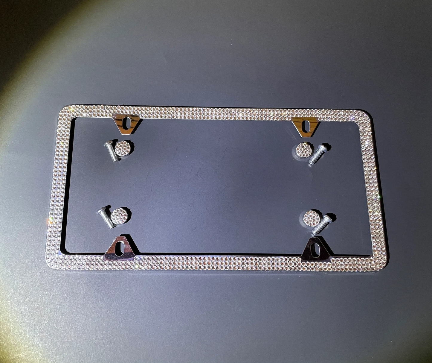 1 White Diamond Crystal Encrusted 4 HOLE 3 Row Thin License Plate Frames Luxury Stainless Steel Metal Frame Bling Caps