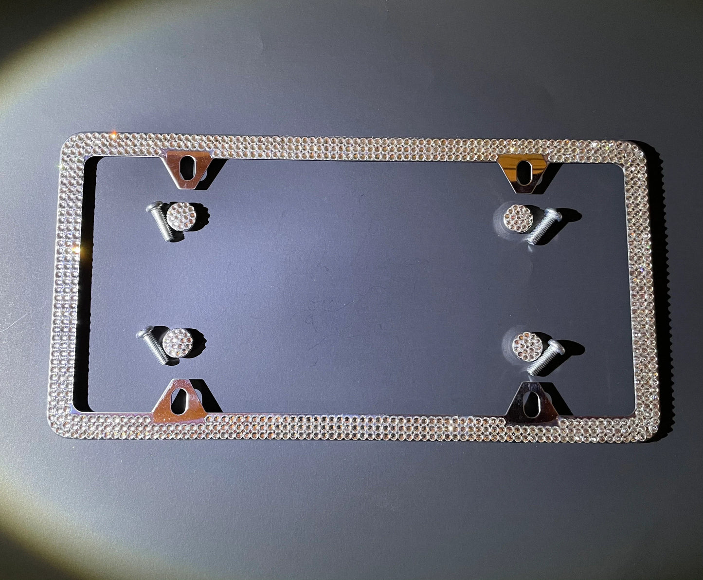 1 White Diamond Crystal Encrusted 4 HOLE 3 Row Thin License Plate Frames Luxury Stainless Steel Metal Frame Bling Caps