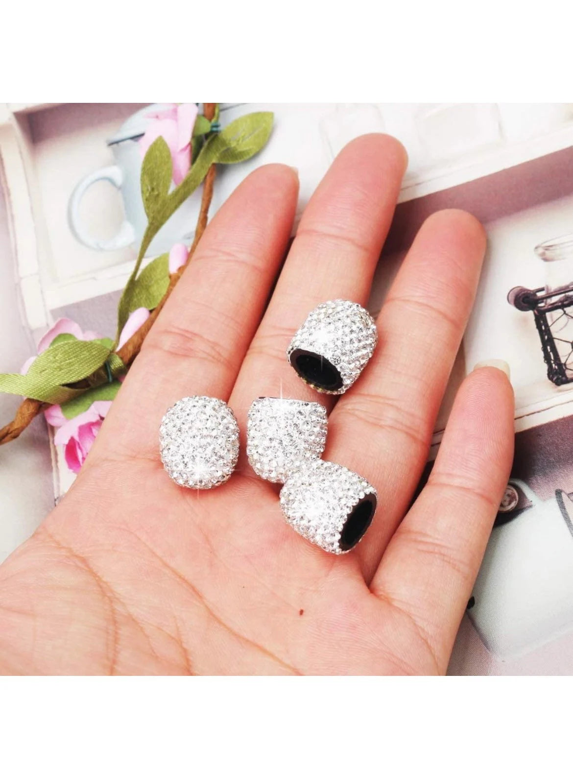 4x Tire Valve Caps White Diamond Luxury with Crystal Embellishment Ultra Bling Universal Round Fit Car SUV Motorcycle Bicycle Bike Full Set