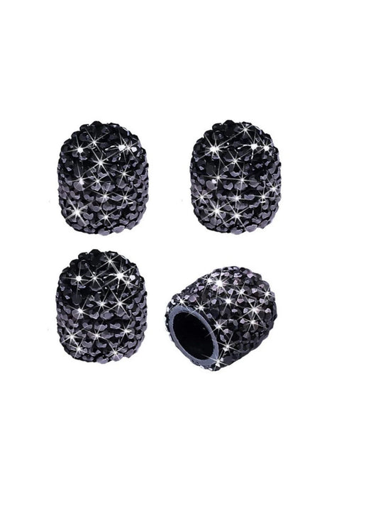 4x Jet Black Tire Valve Caps Ultra Bling Diamond Luxury with Crystal Embellishment Universal Round Fit Car Bicycle Motorcycle Bike SUV Set