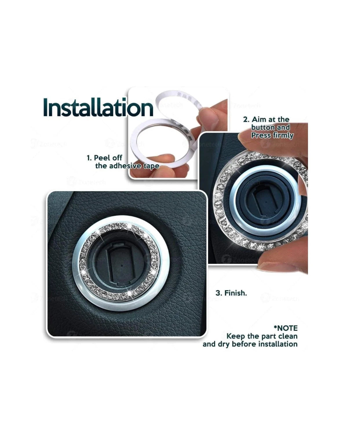 2x JET BLACK Ignition Ring Engine Start/Stop AC Volume Knob Ultra Bling Diamond Luxury Crystal Embellishment Universal Round Fit