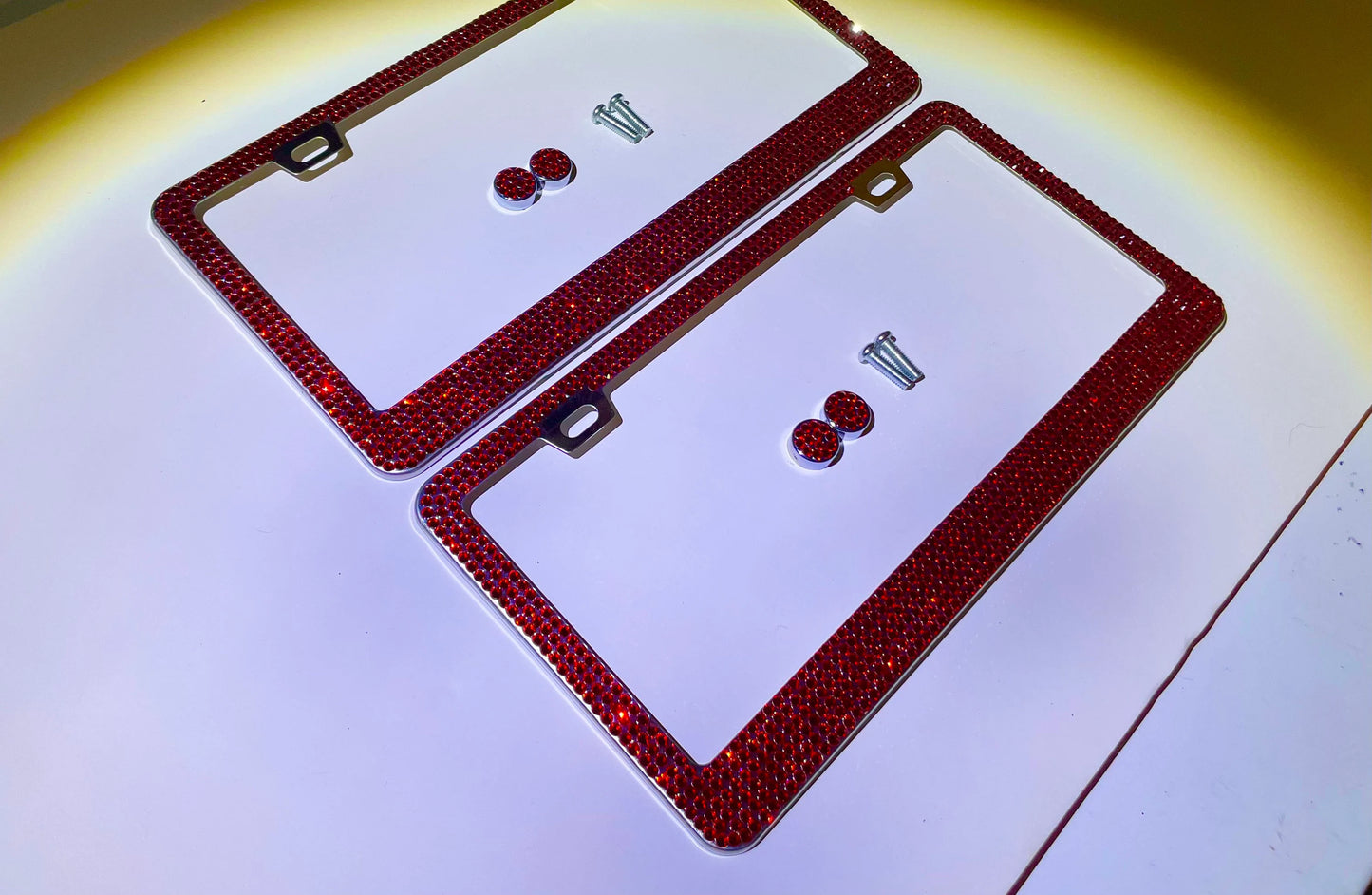 2 Luxury Ruby RED Crystal Light Siam Diamond Blinged License Plate Frame Narrow Top Anti-theft Sparkle Lux Cover Holder Bling Caps