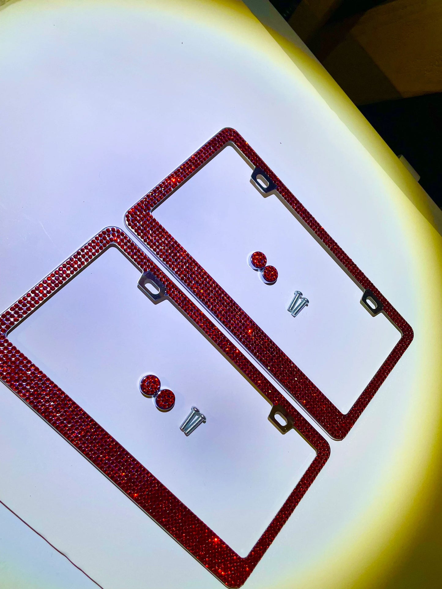 2 Luxury Ruby RED Crystal Light Siam Diamond Blinged License Plate Frame Narrow Top Anti-theft Sparkle Lux Cover Holder Bling Caps