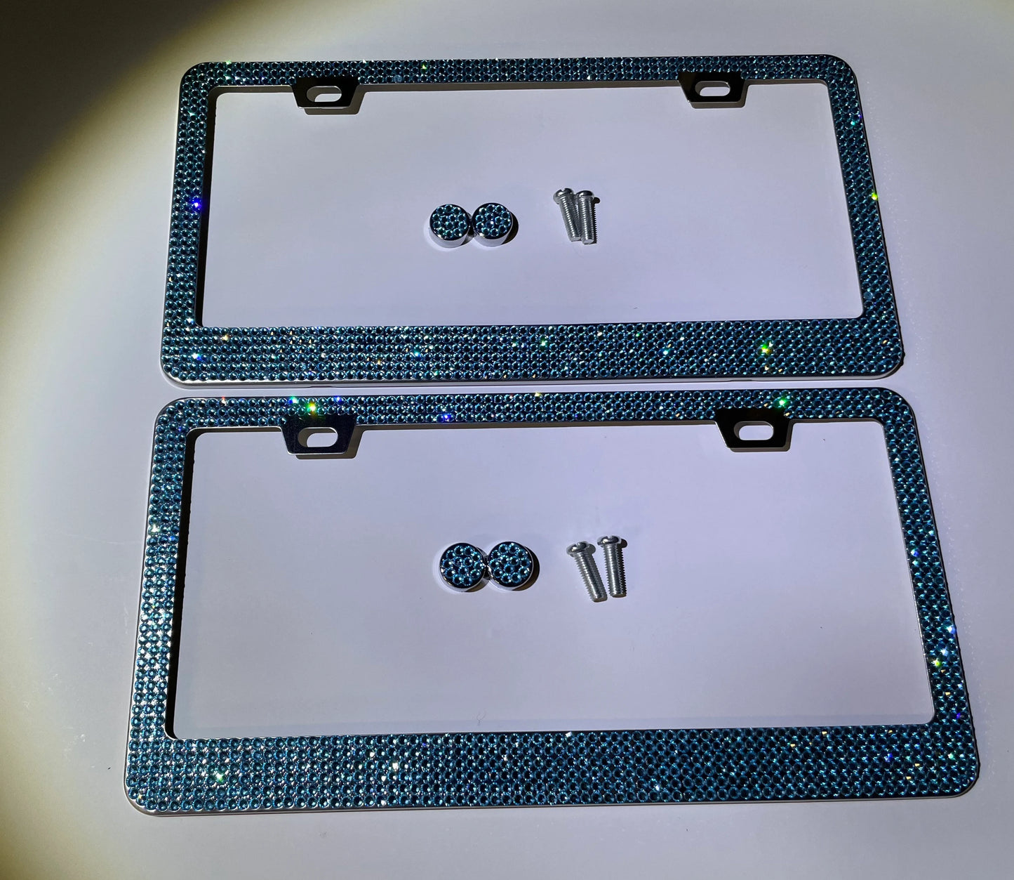 2 Luxury AQUA Blue Aquamarine Crystal Diamond Encrusted anti-theft Sparkle LUX License Plate Frame Cover Holder Bling Caps Narrow Top
