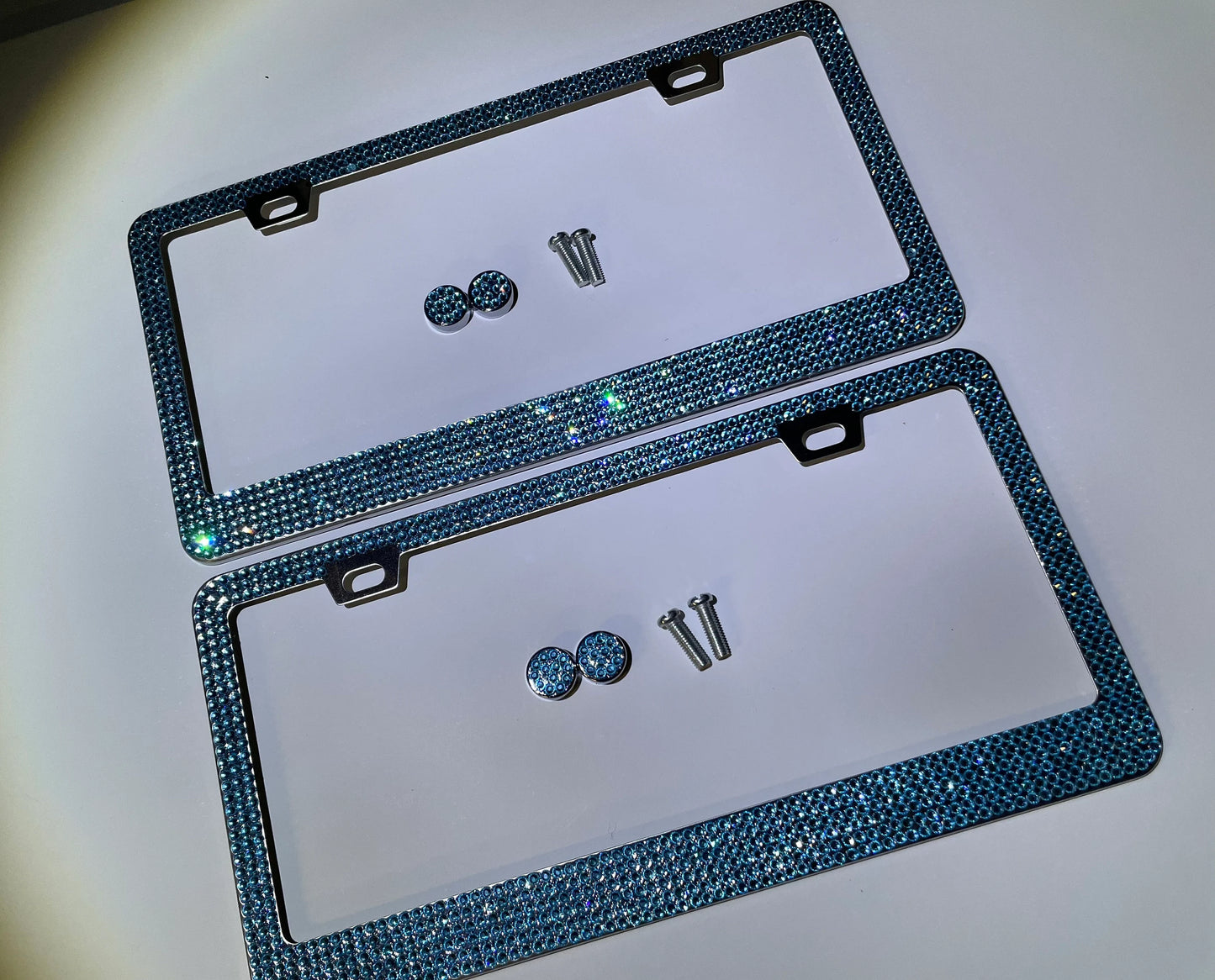 2 Luxury AQUA Blue Aquamarine Crystal Diamond Encrusted anti-theft Sparkle LUX License Plate Frame Cover Holder Bling Caps Narrow Top