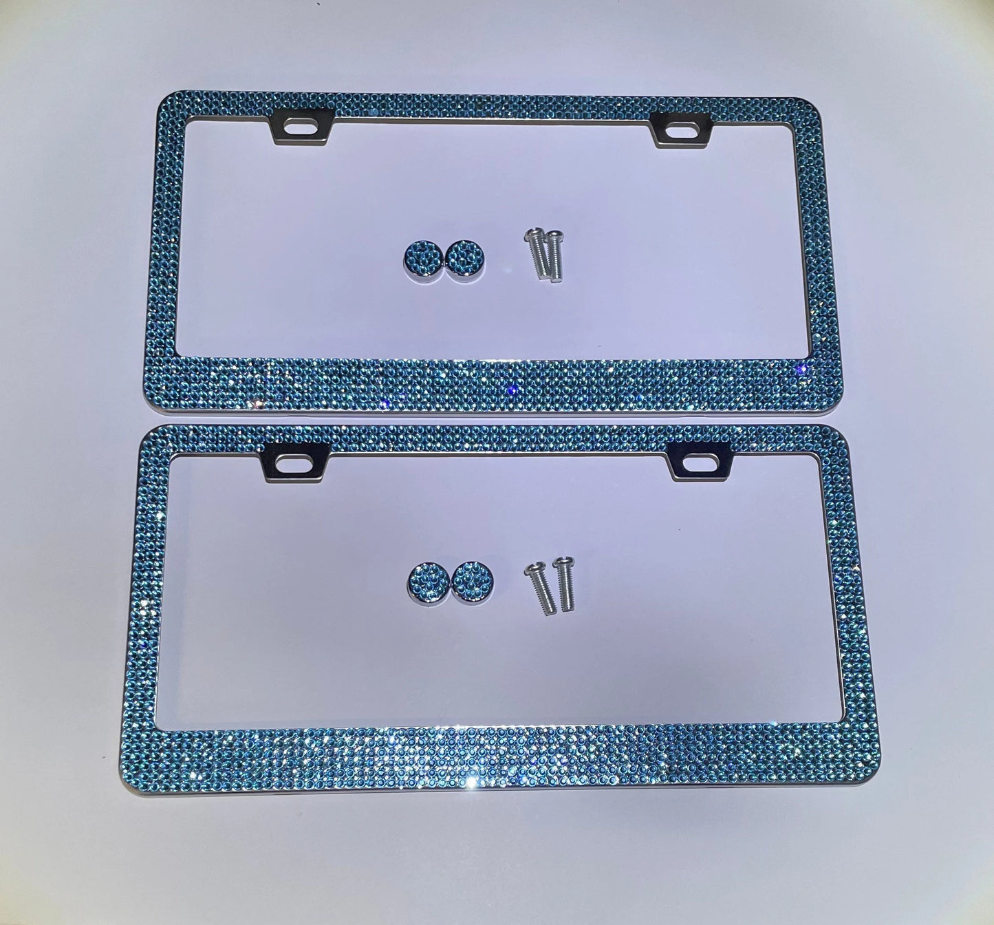 2 Luxury AQUA Blue Aquamarine Crystal Diamond Encrusted anti-theft Sparkle LUX License Plate Frame Cover Holder Bling Caps Narrow Top