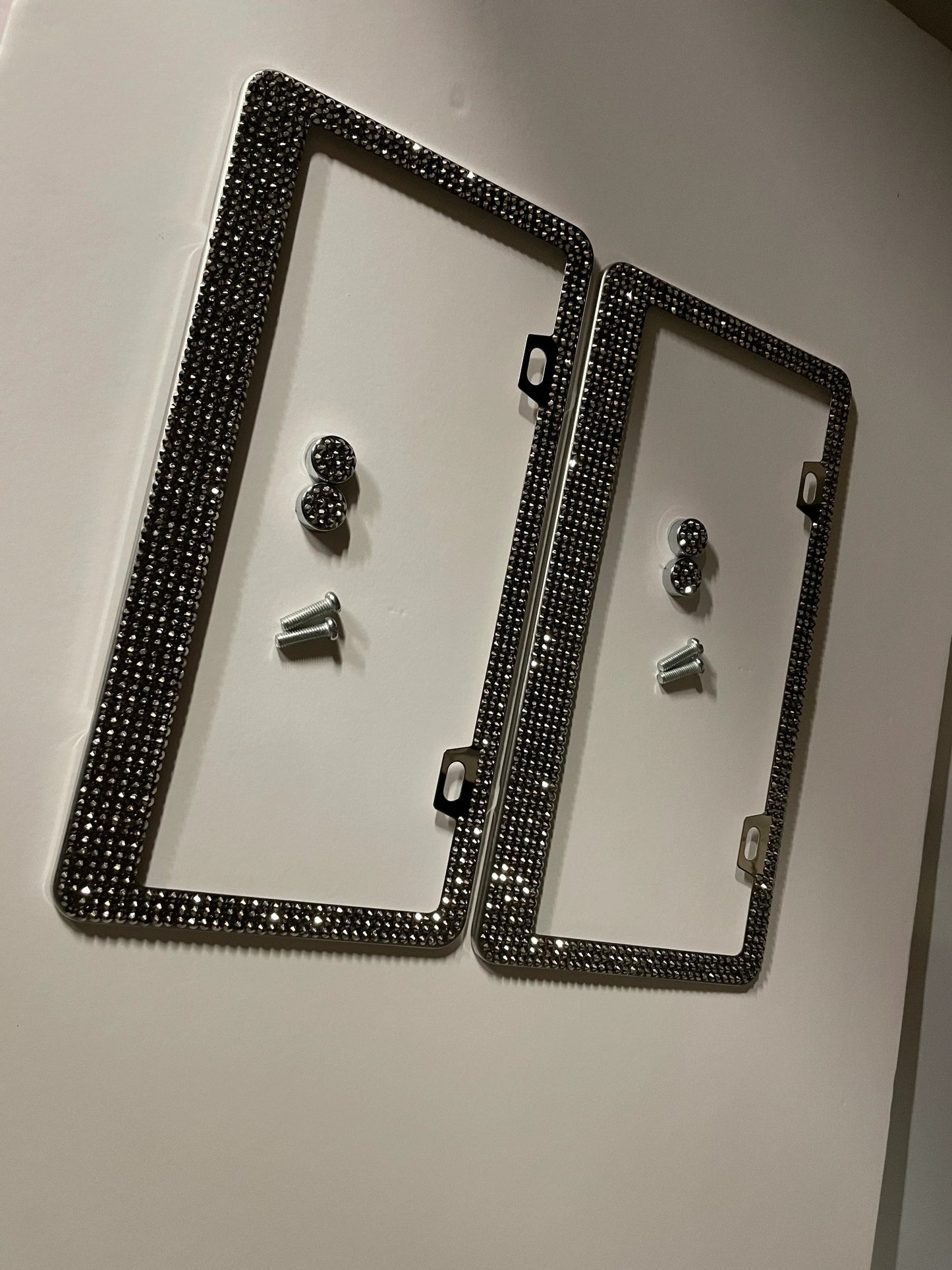 2 Jet Hematite Crystal Metallic Silver Diamond Crystal Encrusted Sparkly Luxury Metal License Plate Frames Bling Caps