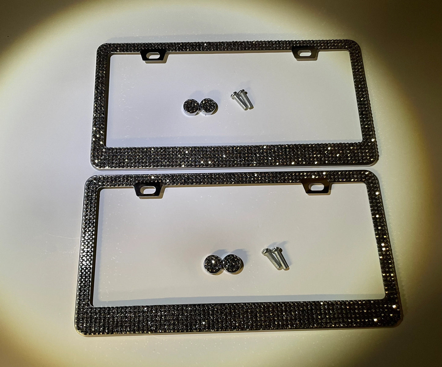 2 Jet Hematite Crystal Metallic Silver Diamond Crystal Encrusted Sparkly Luxury Metal License Plate Frames Bling Caps