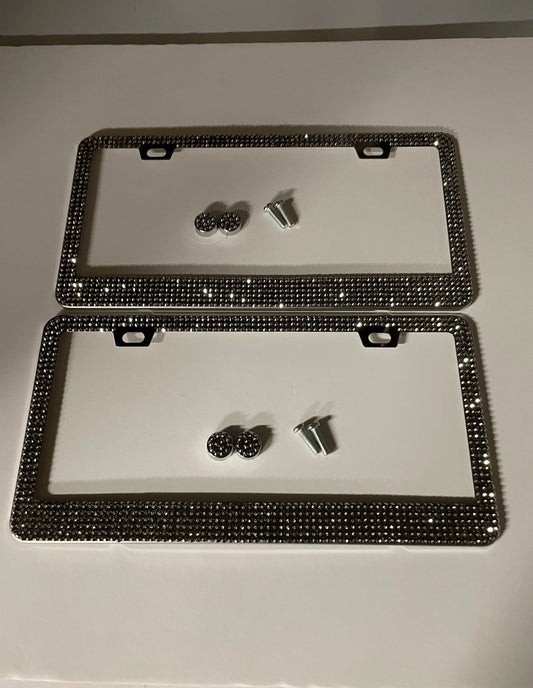 2 Jet Hematite Crystal Metallic Silver Diamond Crystal Encrusted Sparkly Luxury Metal License Plate Frames Bling Caps