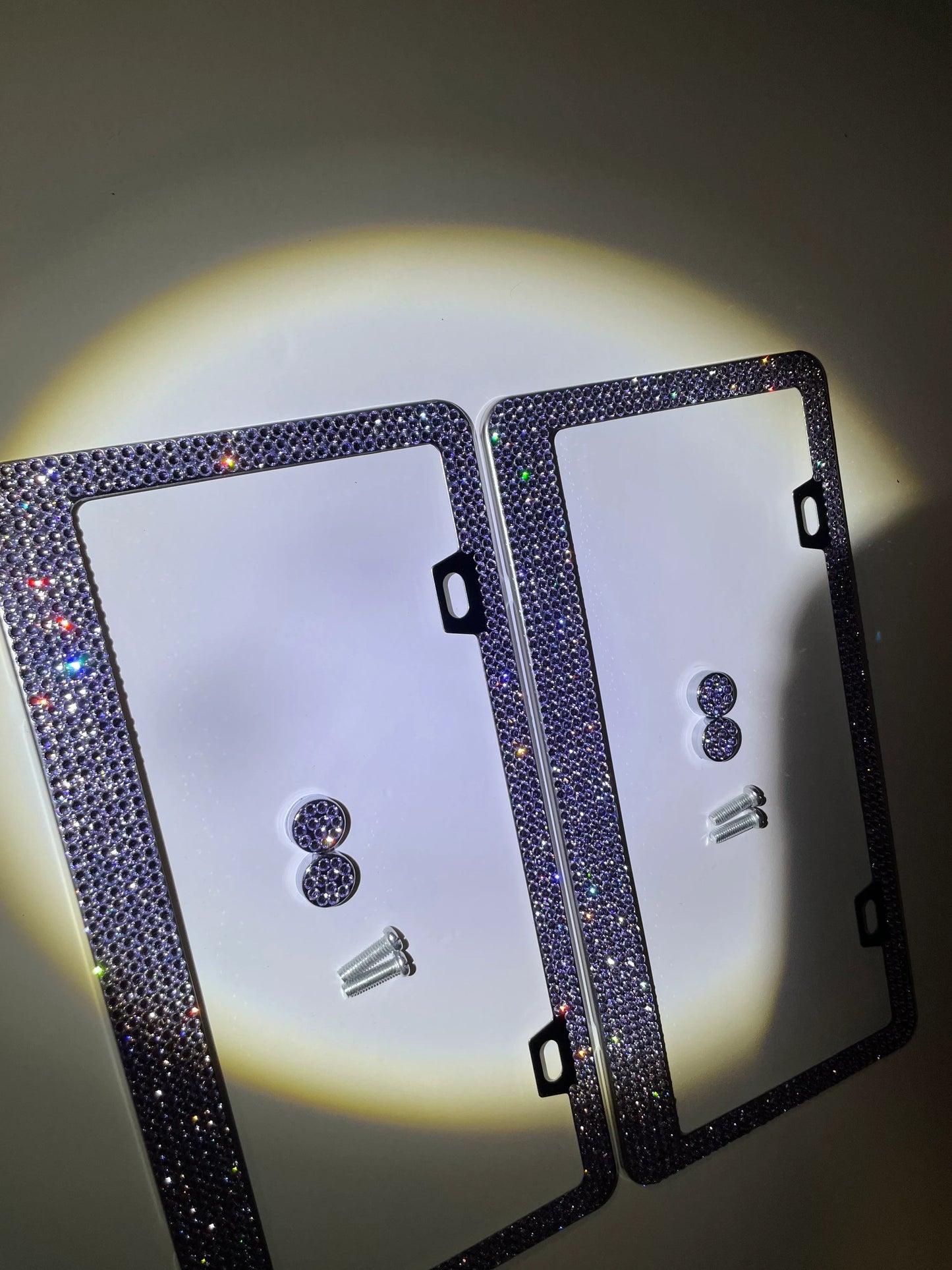 2 Luxury Crystal Blueberry VIOLET PURPLE Tanzanite Diamond License Plate Frame Sparkle Lux Cover Holder Bling Caps