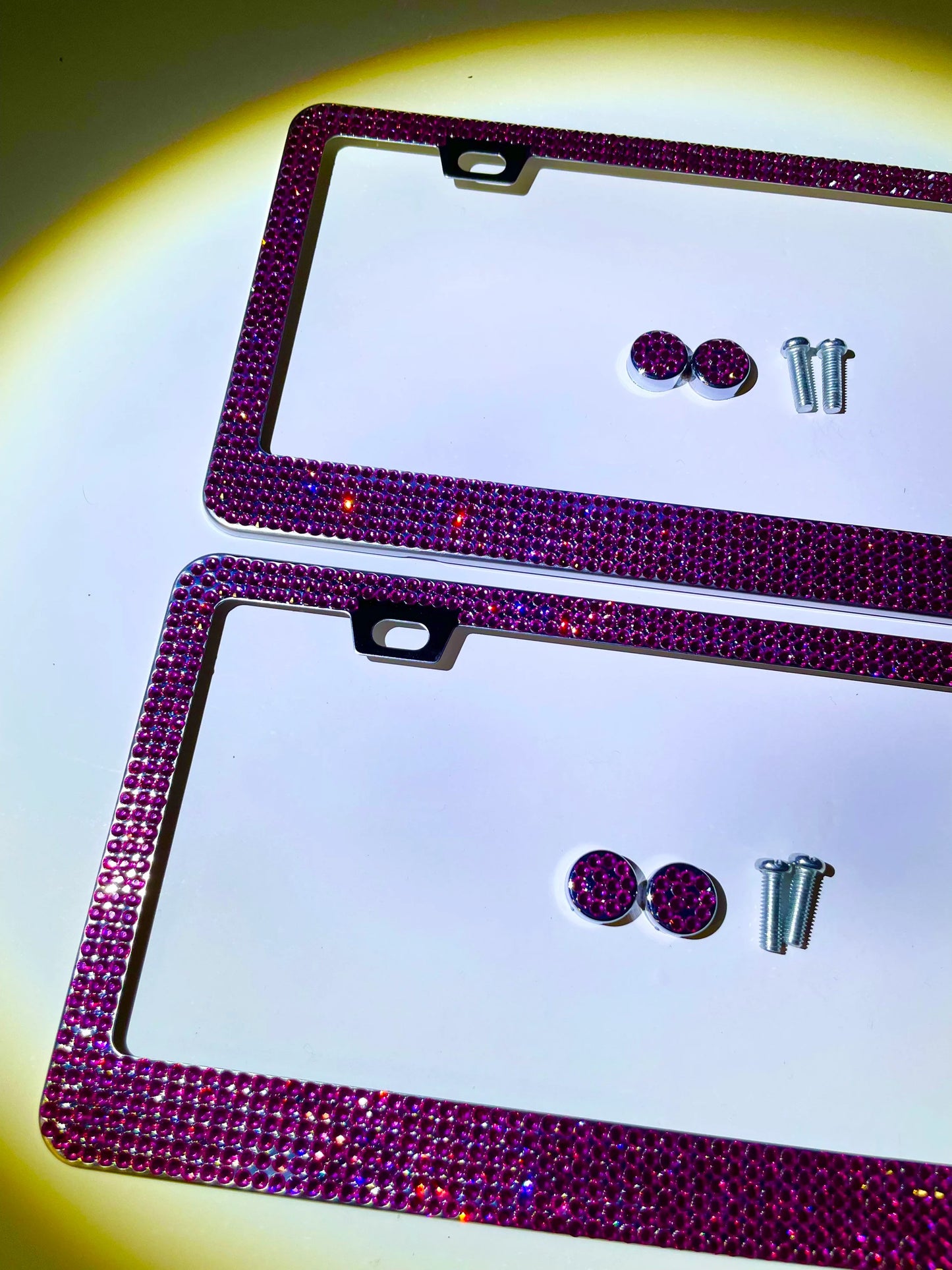 2 Luxury HOT PINK FUCHSIA Rose Crystal Diamond Crystal License Plate Frame Sparkle Lux Narrow Top anti-theft Cover Holder Bling Caps