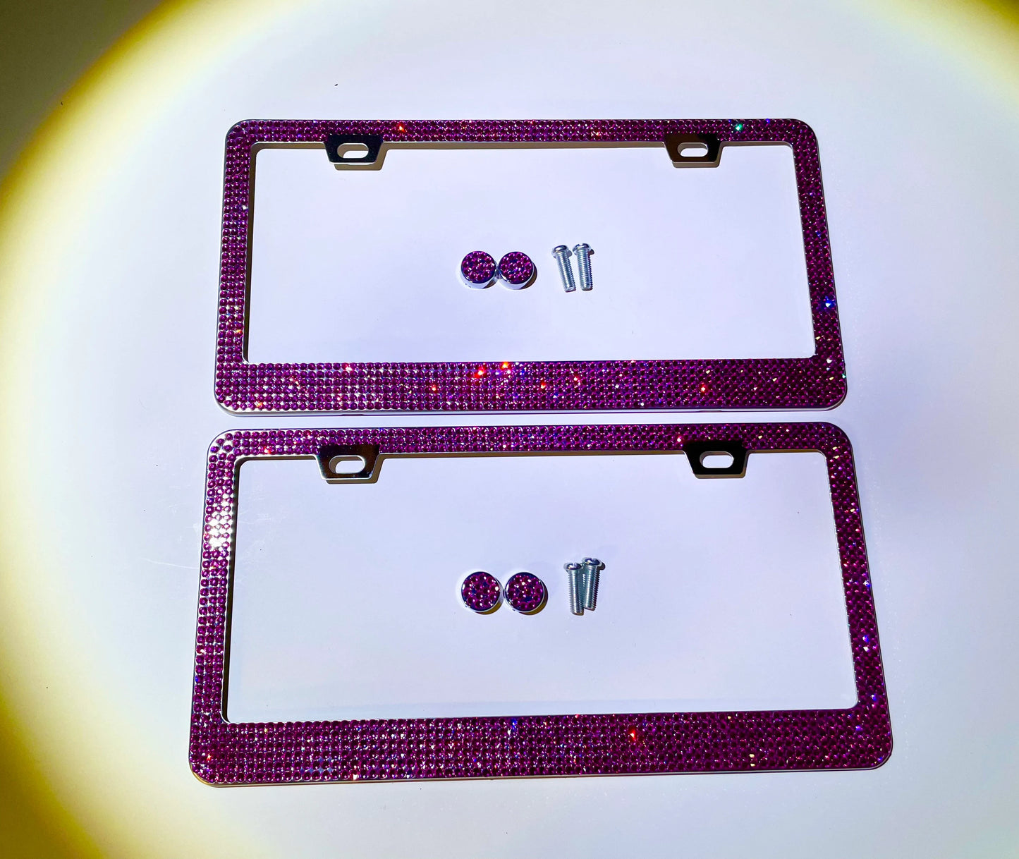 2 Luxury HOT PINK FUCHSIA Rose Crystal Diamond Crystal License Plate Frame Sparkle Lux Narrow Top anti-theft Cover Holder Bling Caps