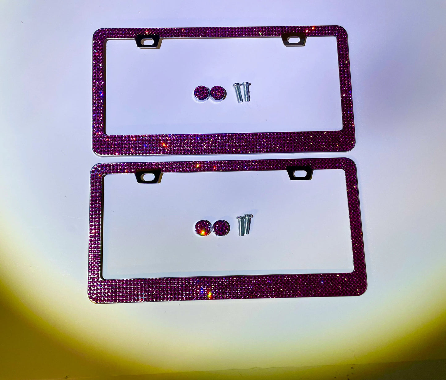 2 Luxury HOT PINK FUCHSIA Rose Crystal Diamond Crystal License Plate Frame Sparkle Lux Narrow Top anti-theft Cover Holder Bling Caps