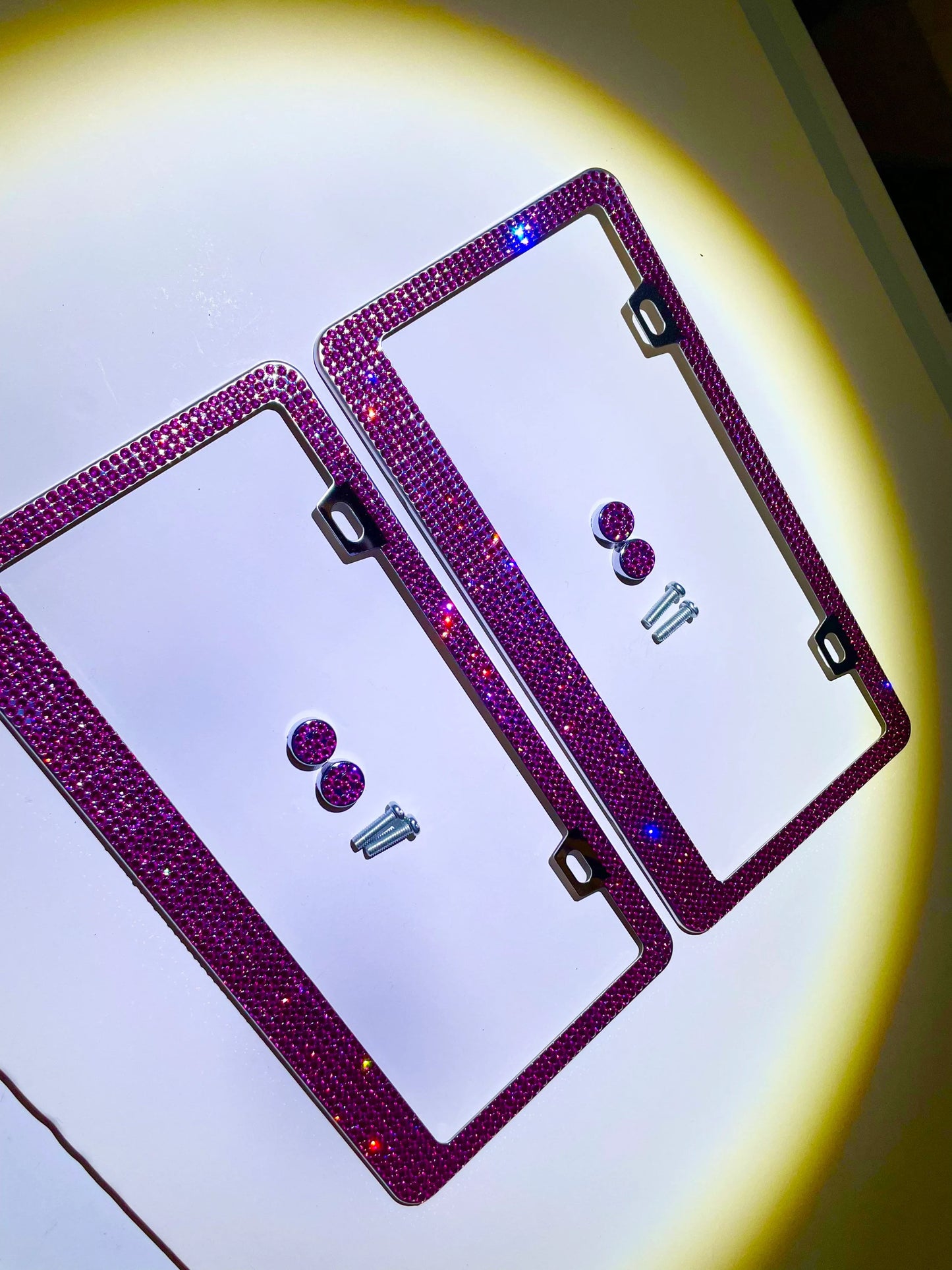 2 Luxury HOT PINK FUCHSIA Rose Crystal Diamond Crystal License Plate Frame Sparkle Lux Narrow Top anti-theft Cover Holder Bling Caps