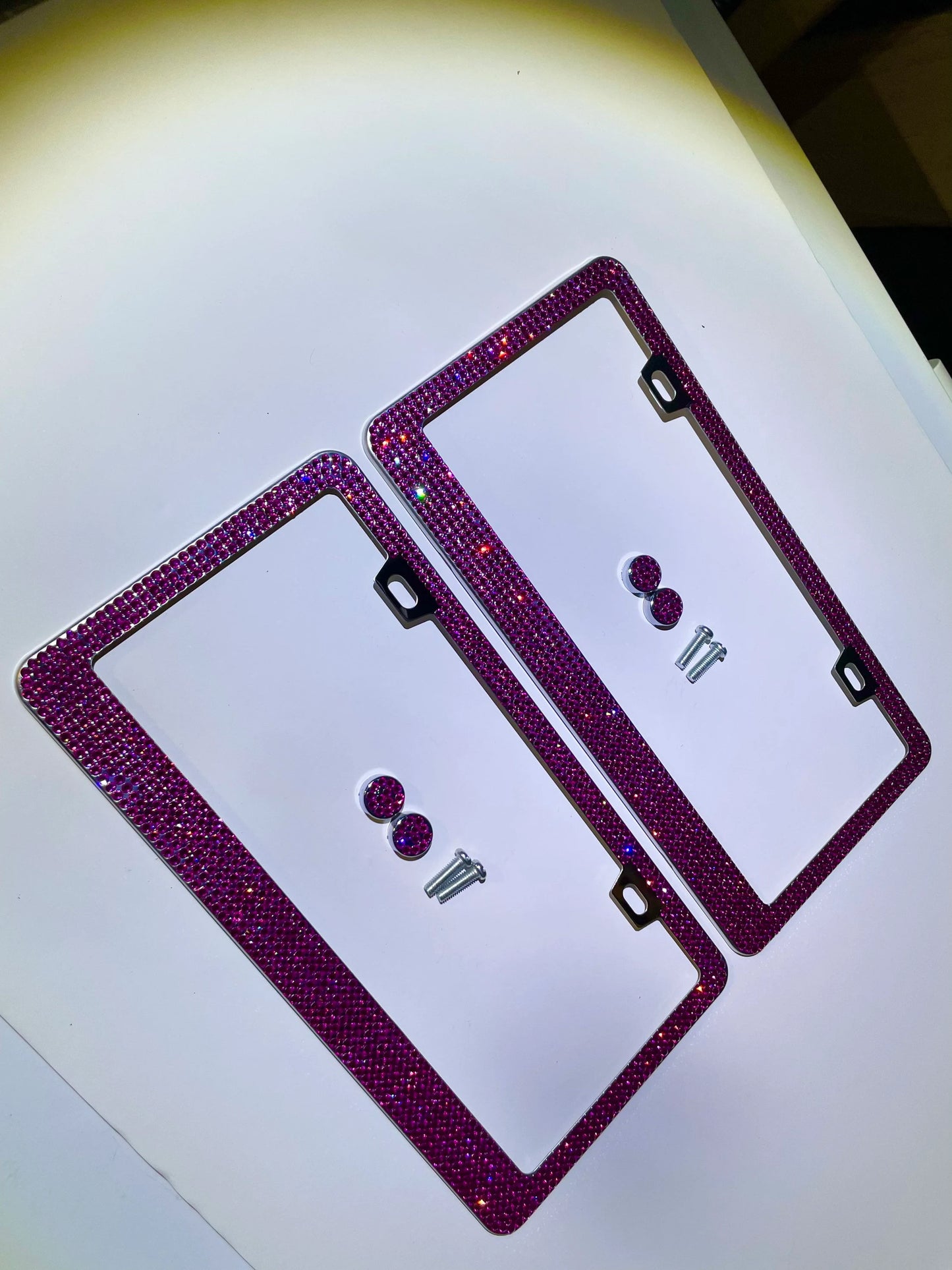 2 Luxury HOT PINK FUCHSIA Rose Crystal Diamond Crystal License Plate Frame Sparkle Lux Narrow Top anti-theft Cover Holder Bling Caps