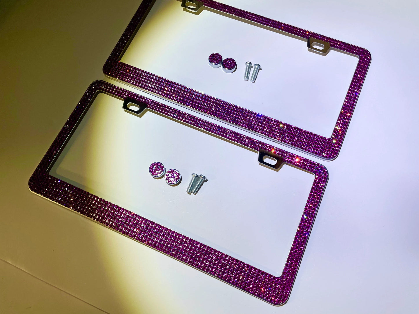 2 Luxury HOT PINK FUCHSIA Rose Crystal Diamond Crystal License Plate Frame Sparkle Lux Narrow Top anti-theft Cover Holder Bling Caps