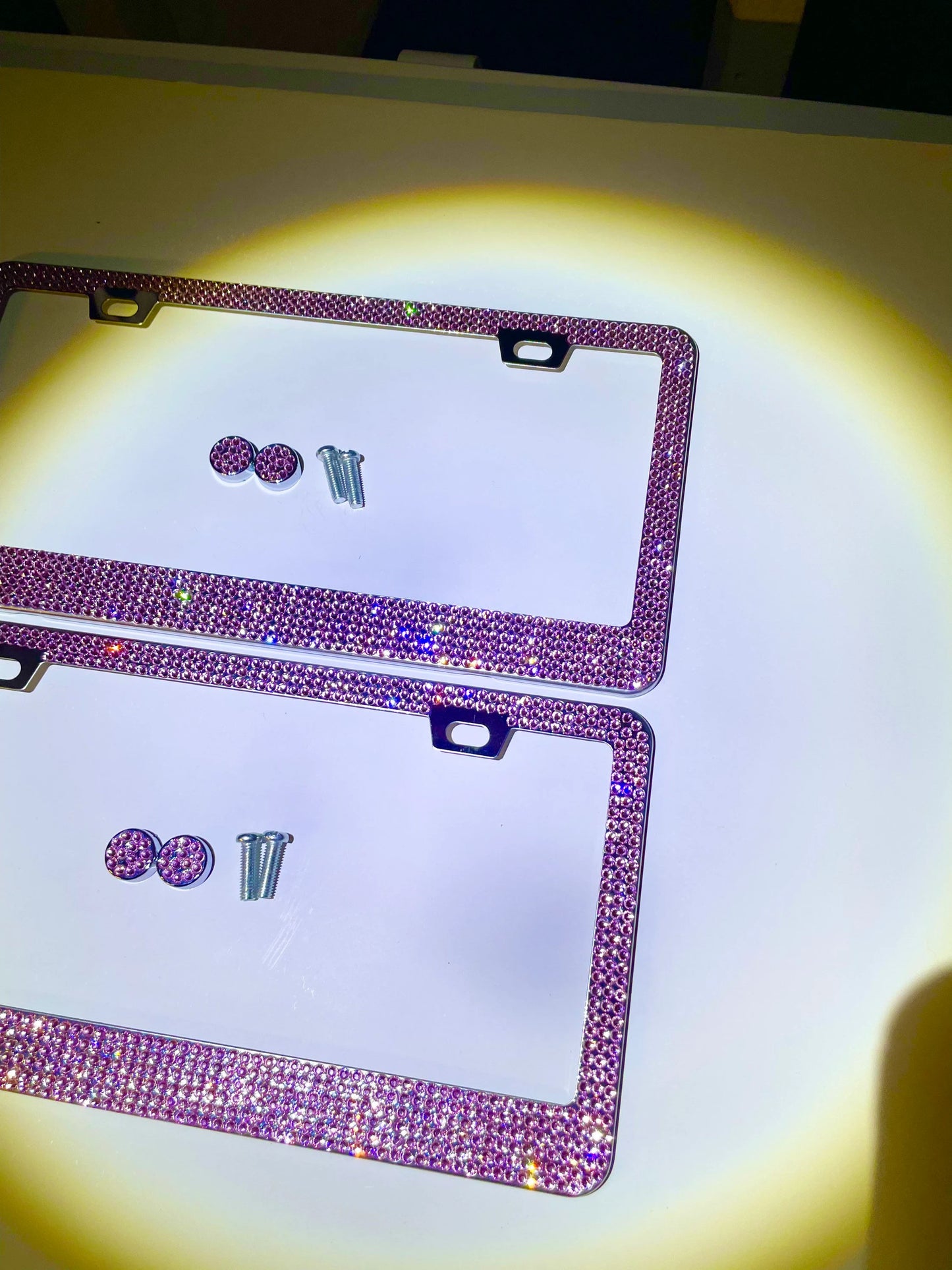 2 Luxury Barbie Light PINK Diamond Encrusted License Plate Frame Cover Sparkle Lux anti-theft Holder Crystal Bling Caps