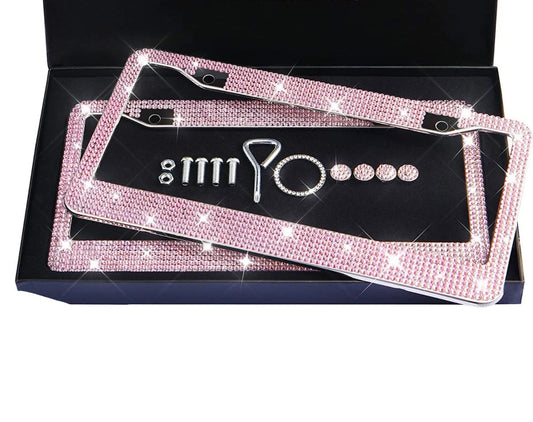 2 Luxury Barbie Light PINK Diamond CRYSTAL Encrusted License Plate Frame Cover Sparkle Lux anti-theft Holder Bling Caps