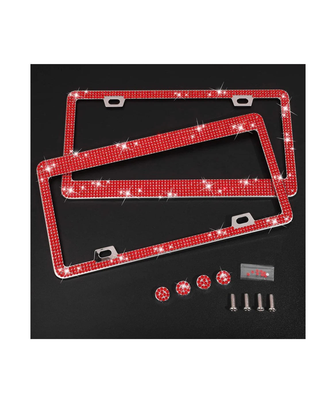 2 Luxury Ruby RED Crystal Light Siam Diamond Blinged License Plate Frame Narrow Top Anti-theft Sparkle Lux Cover Holder Bling Caps