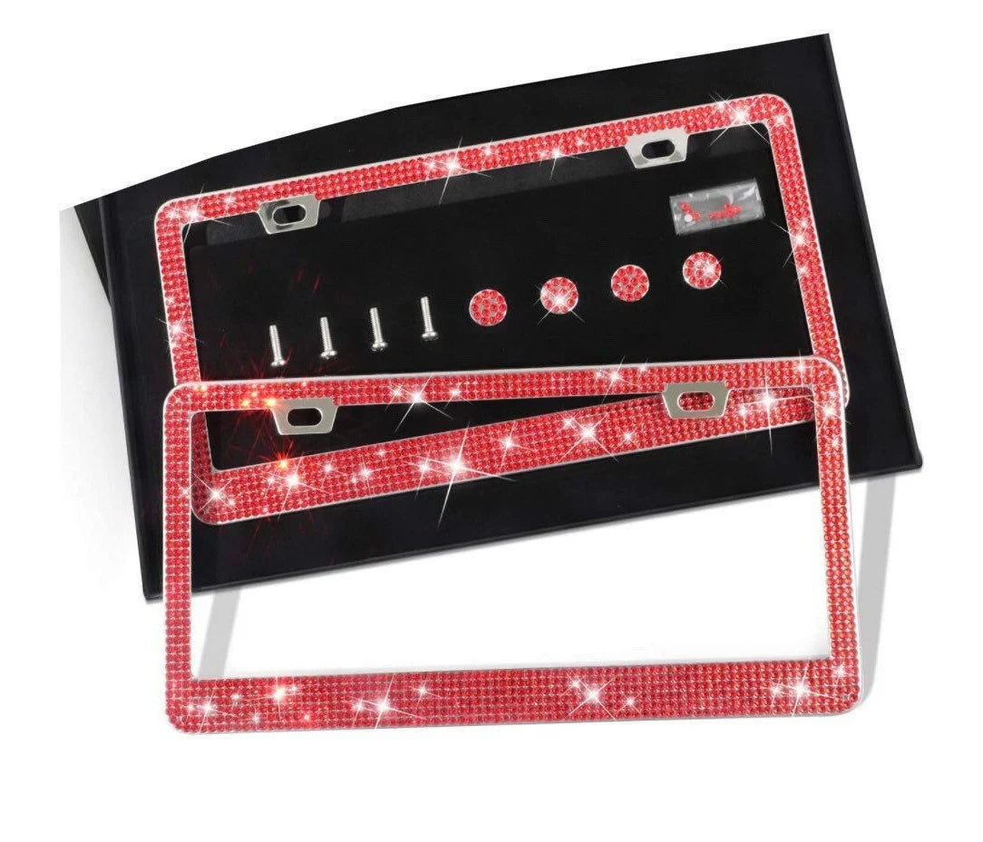 2 Luxury Ruby RED Crystal Light Siam Diamond Blinged License Plate Frame Narrow Top Anti-theft Sparkle Lux Cover Holder Bling Caps