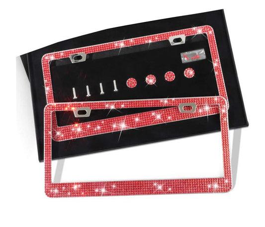 2 Luxury Ruby RED Crystal Light Siam Diamond Blinged License Plate Frame Narrow Top Anti-theft Sparkle Lux Cover Holder Bling Caps