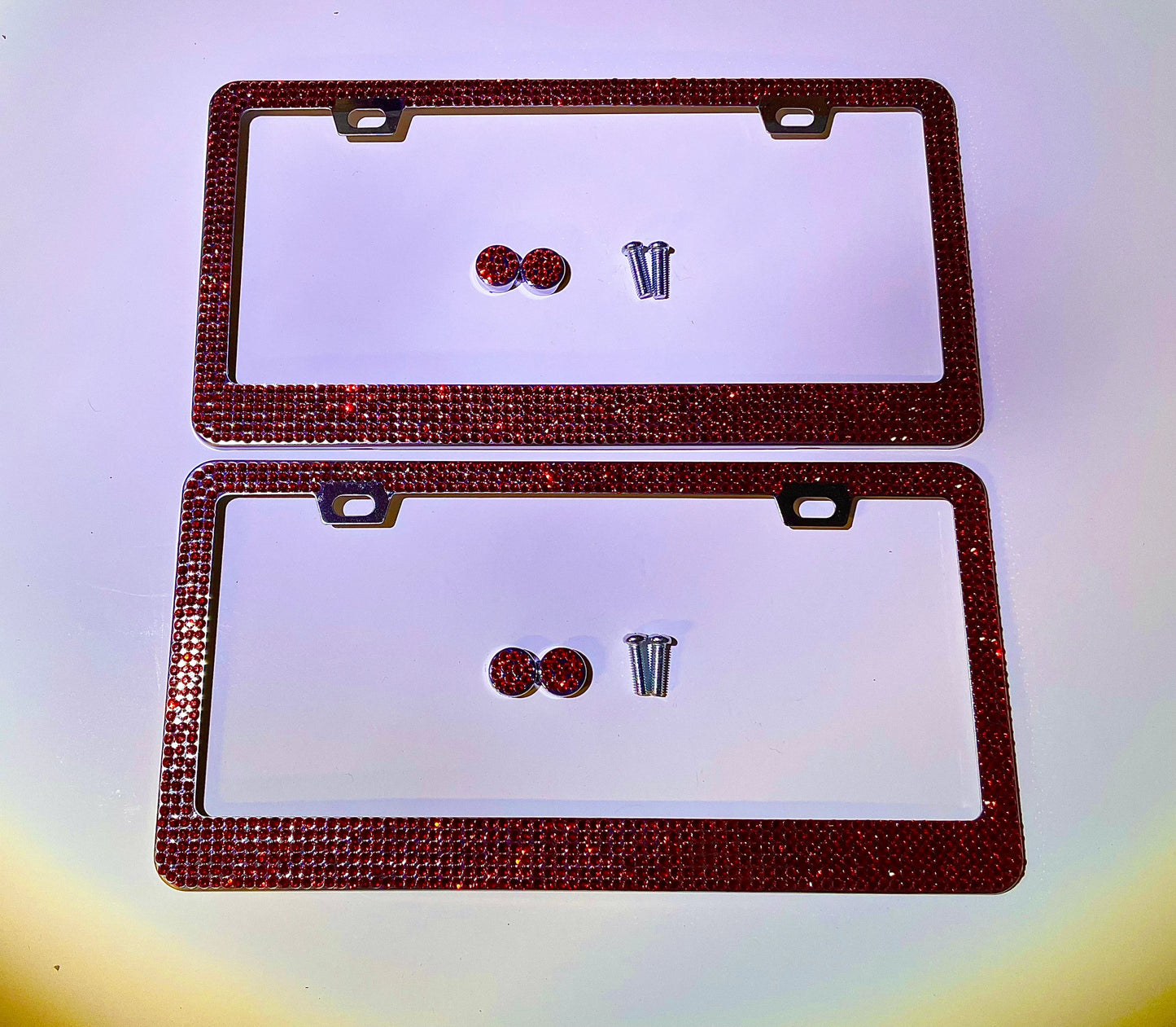 2 Luxury Ruby RED Crystal Light Siam Diamond Blinged License Plate Frame Narrow Top Anti-theft Sparkle Lux Cover Holder Bling Caps