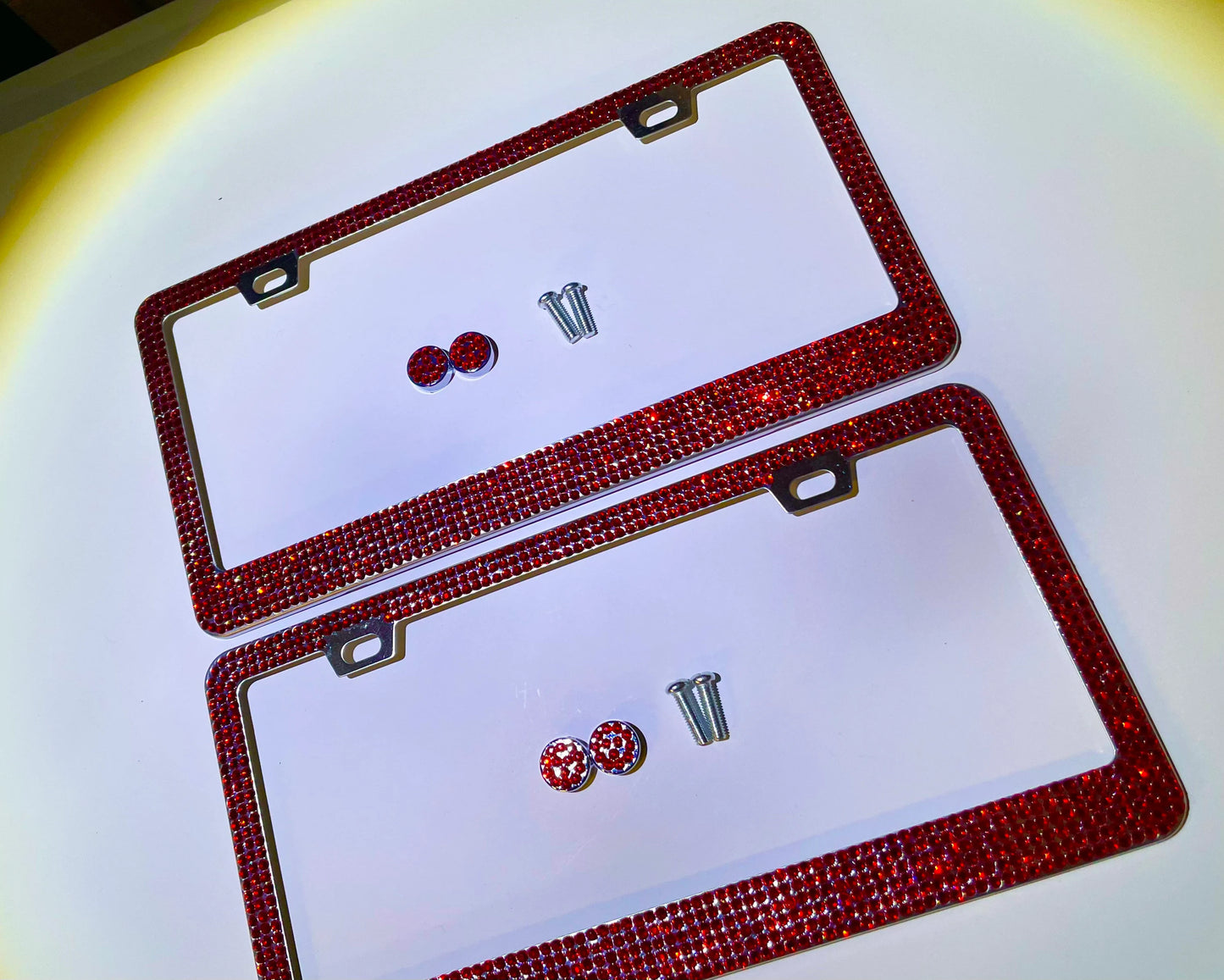 2 Luxury Ruby RED Crystal Light Siam Diamond Blinged License Plate Frame Narrow Top Anti-theft Sparkle Lux Cover Holder Bling Caps