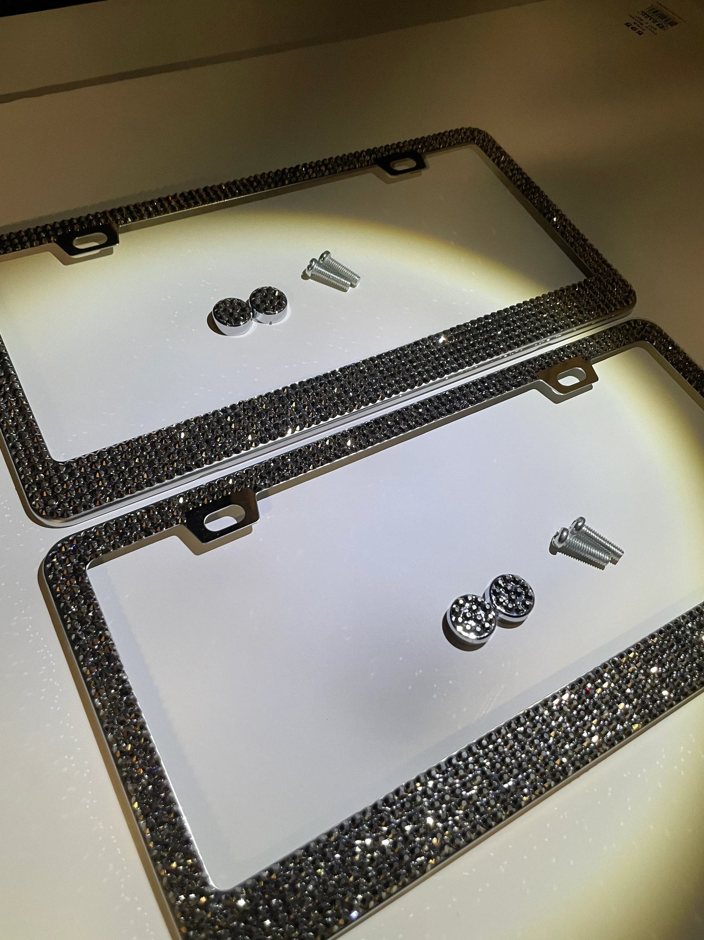 2 Jet Hematite Crystal Metallic Silver Diamond Crystal Encrusted Sparkly Luxury Metal License Plate Frames Bling Caps