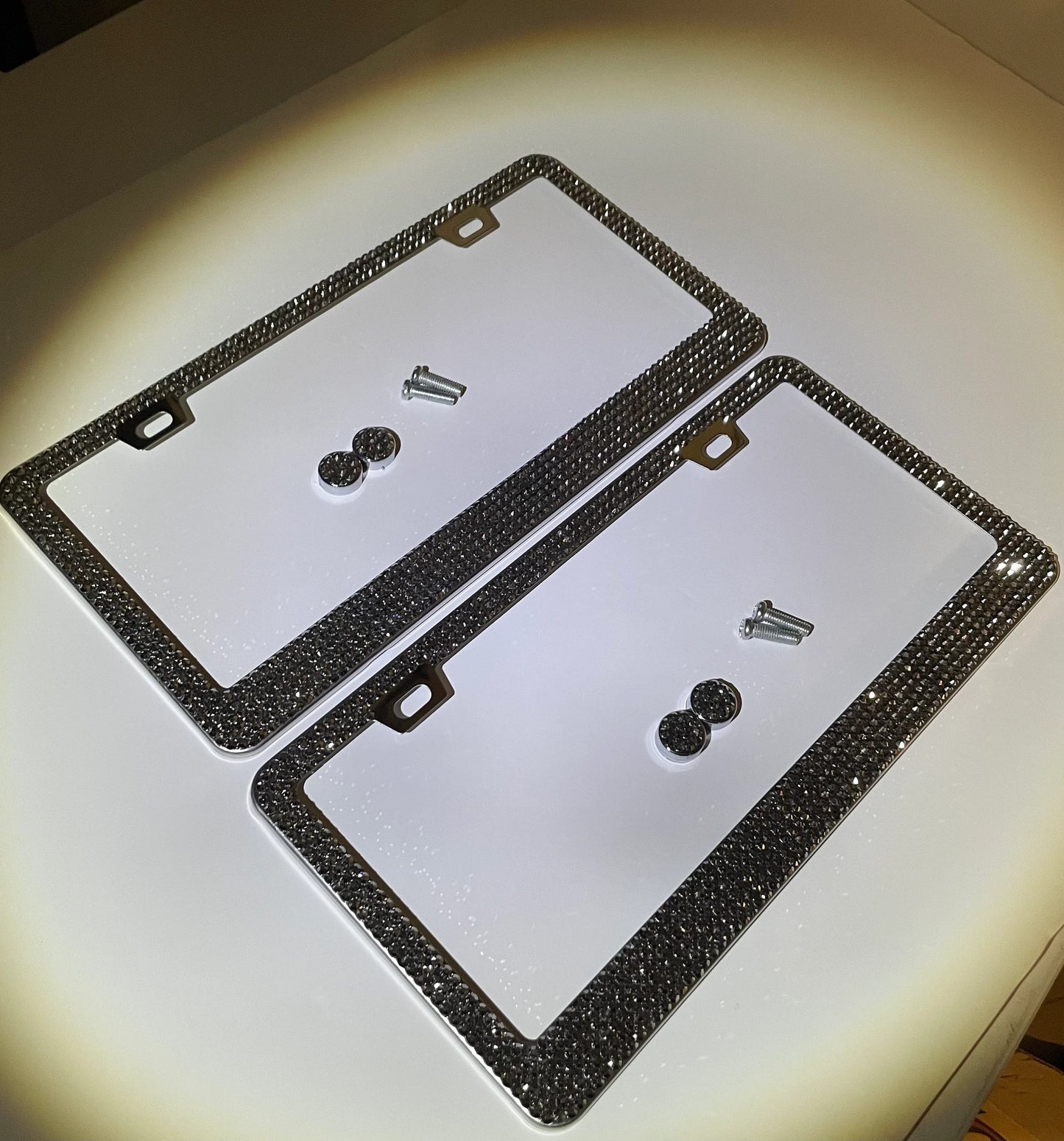 2 Jet Hematite Crystal Metallic Silver Diamond Crystal Encrusted Sparkly Luxury Metal License Plate Frames Bling Caps