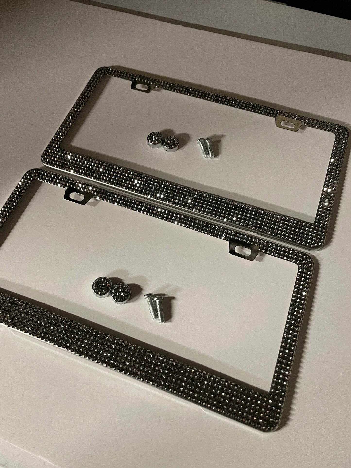 2 Jet Hematite Crystal Metallic Silver Diamond Crystal Encrusted Sparkly Luxury Metal License Plate Frames Bling Caps