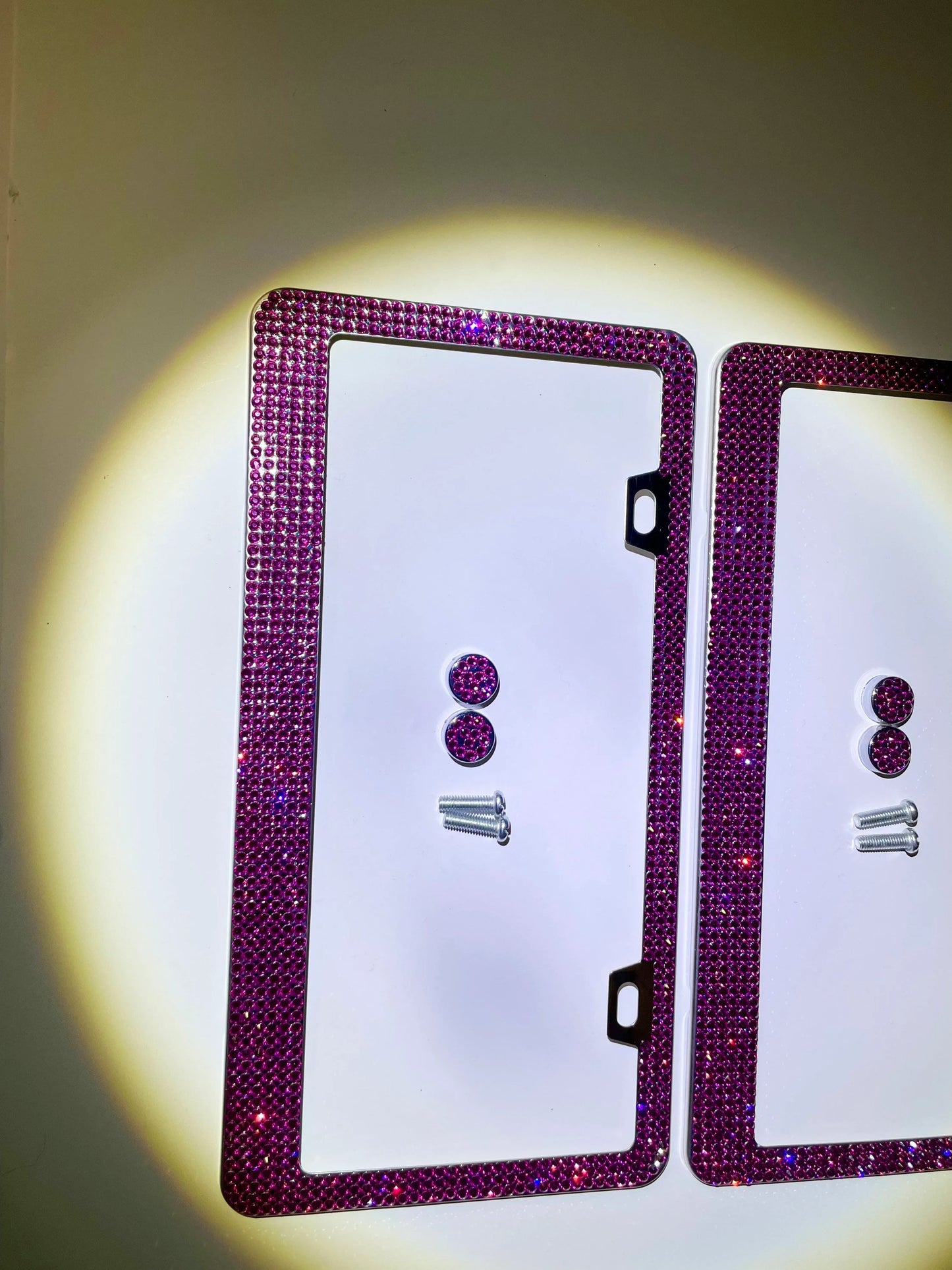 2 Luxury HOT PINK FUCHSIA Rose Crystal Diamond Crystal License Plate Frame Sparkle Lux Narrow Top anti-theft Cover Holder Bling Caps
