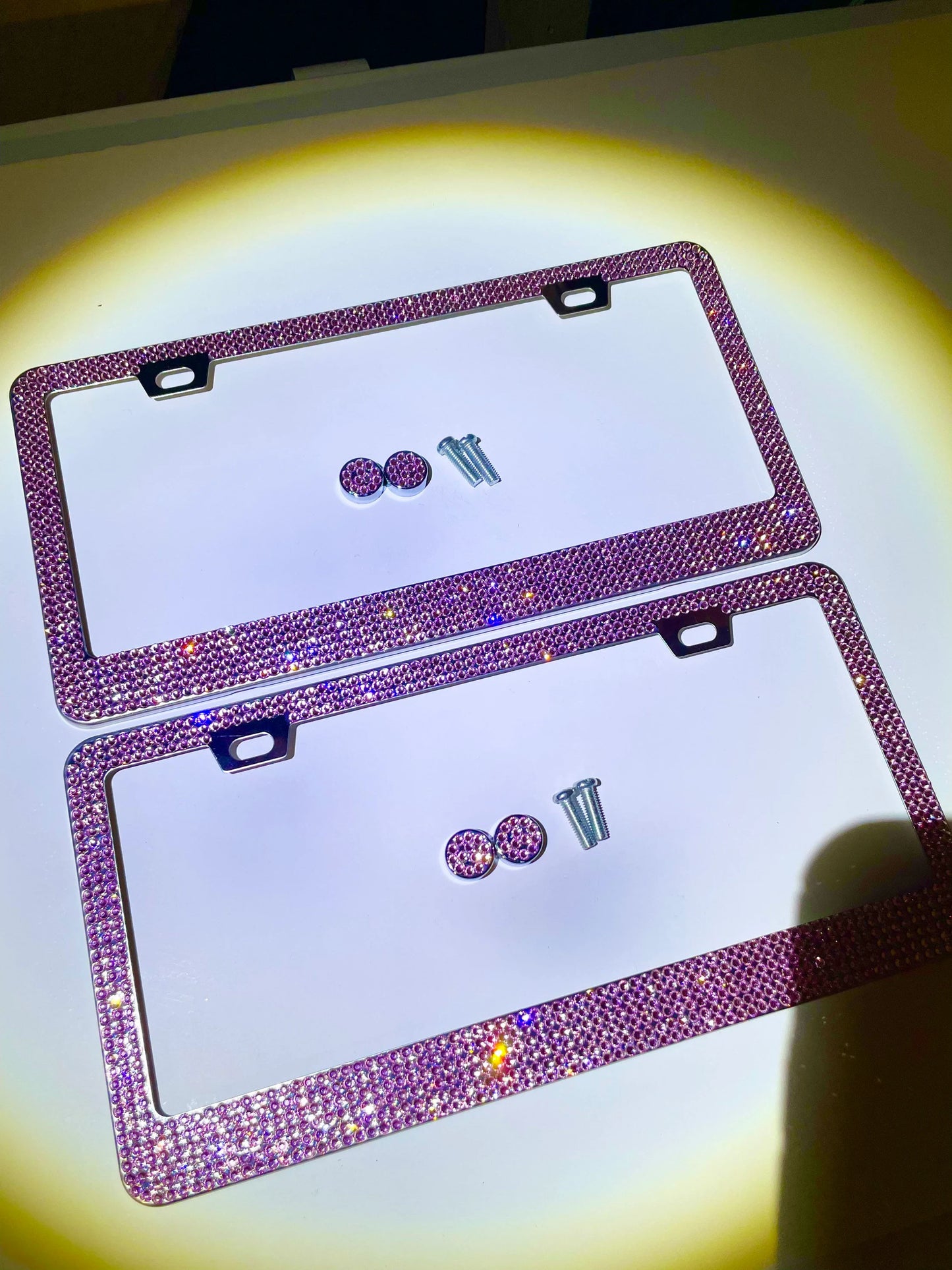 2 Luxury Barbie Light PINK Diamond Encrusted License Plate Frame Cover Sparkle Lux anti-theft Holder Crystal Bling Caps