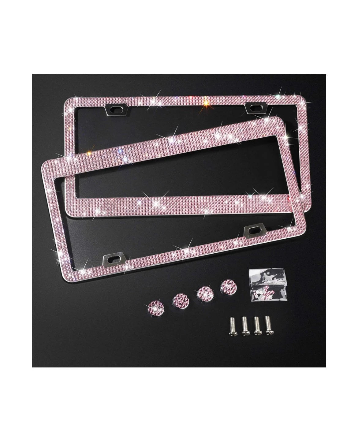 2 Luxury Barbie Light PINK Diamond Encrusted License Plate Frame Cover Sparkle Lux anti-theft Holder Crystal Bling Caps